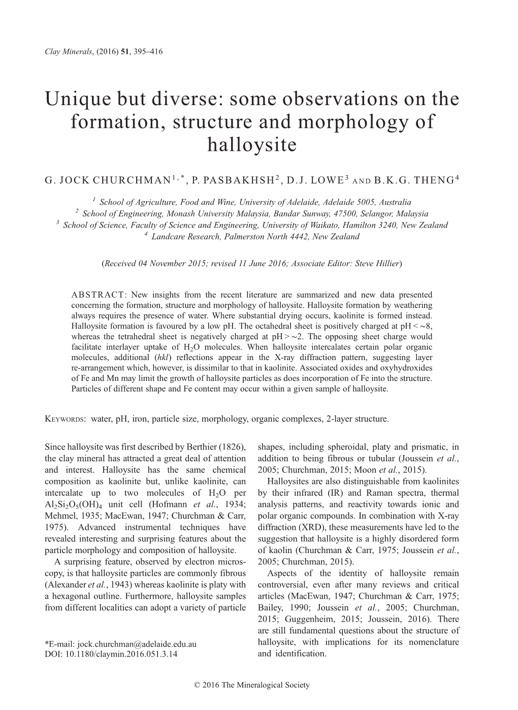 Some Observations on the Formation, Structure and Morphology of Halloysite