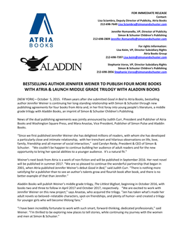 Bestselling Author Jennifer Weiner to Publish Four More Books with Atria & Launch Middle Grade Trilogy with Aladdin Books