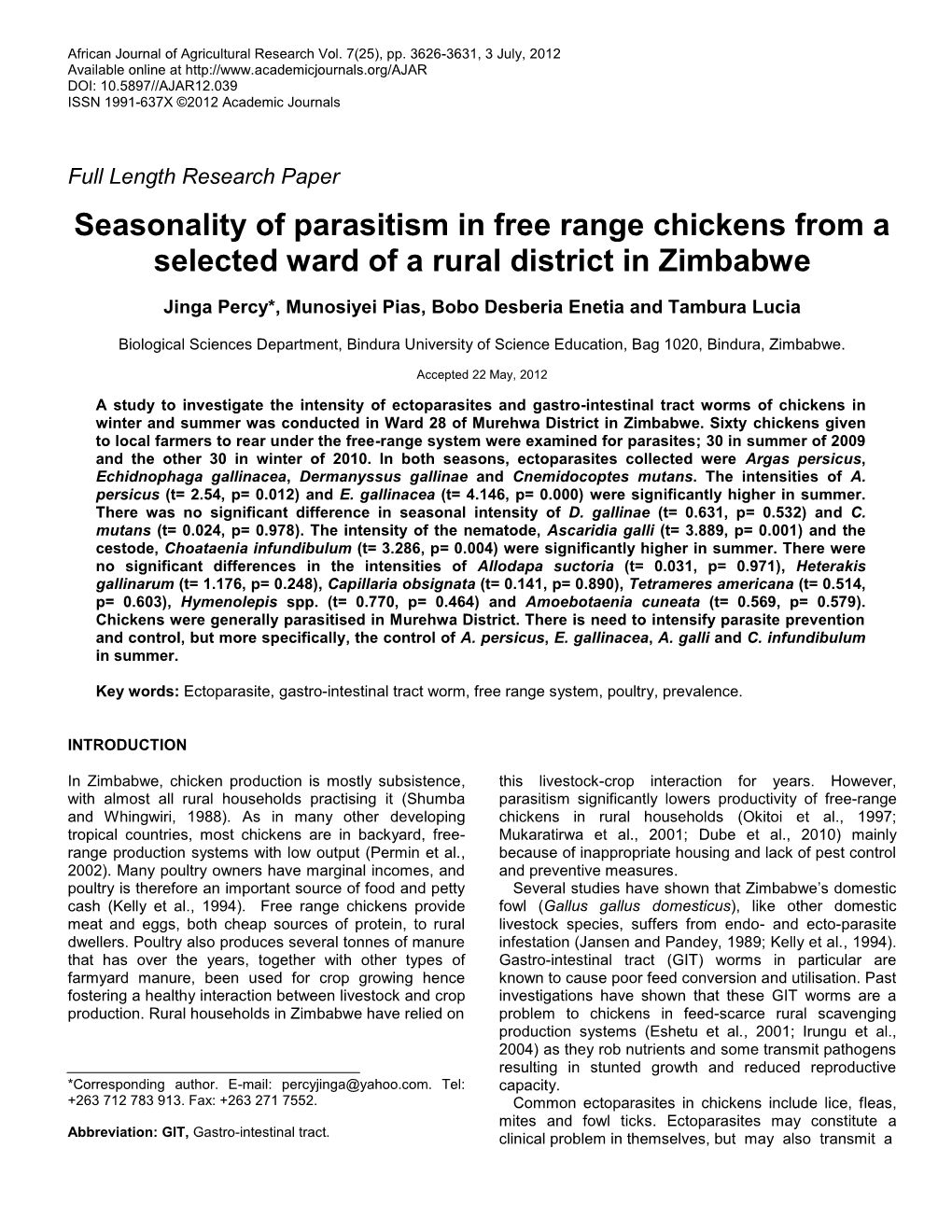 Seasonality of Parasitism in Free Range Chickens from a Selected Ward of a Rural District in Zimbabwe