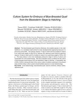 Culture System for Embryos of Blue-Breasted Quail from the Blastoderm Stage to Hatching