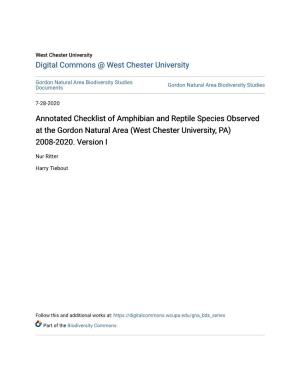 Annotated Checklist of Amphibian and Reptile Species Observed at the Gordon Natural Area (West Chester University, PA) 2008-2020