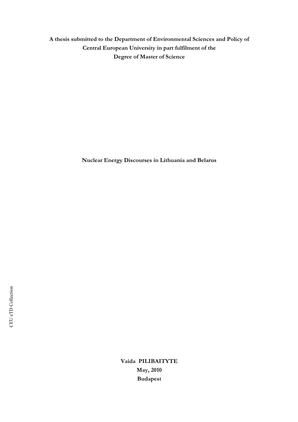 A Thesis Submitted to the Department of Environmental Sciences And