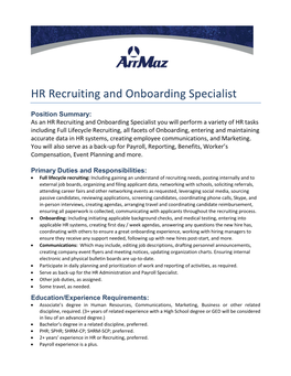 HR Recruiting and Onboarding Specialist
