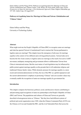 Pathways to Legalizing Same-Sex Marriage in China and Taiwan: Globalization and “Chinese Values’, in B
