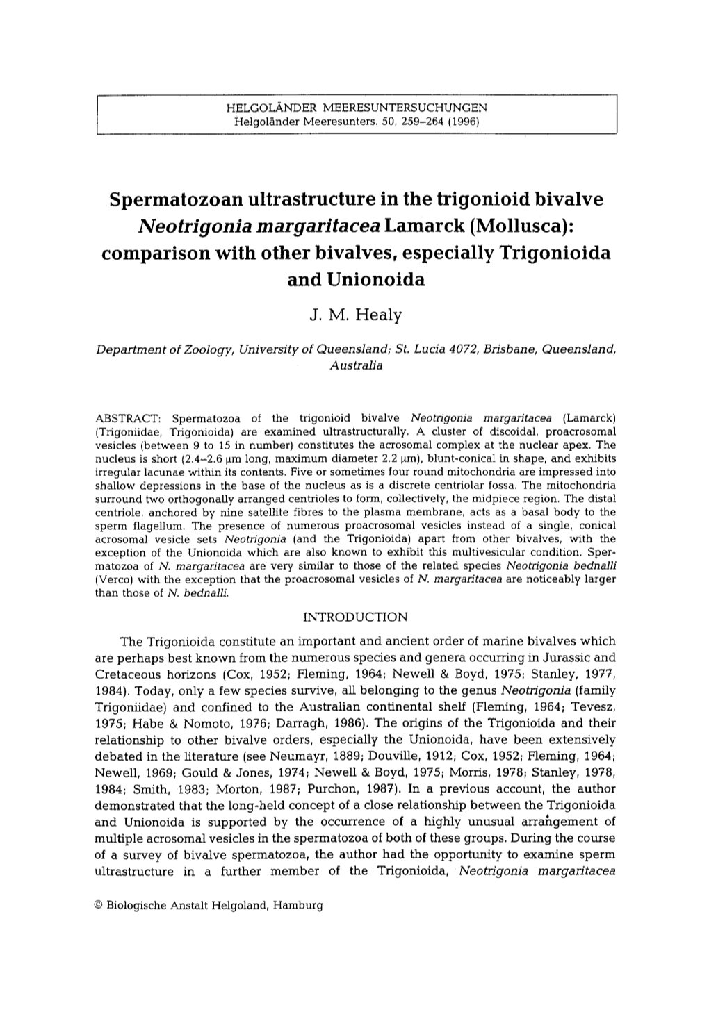 Neotrigonia Margaritacea Lamarck (Mollusca): Comparison with Other Bivalves, Especially Trigonioida and Unionoida