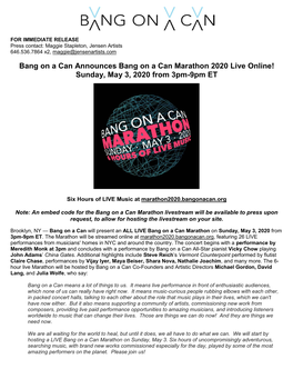 Bang on a Can Marathon Live Online Marathon – May 2020