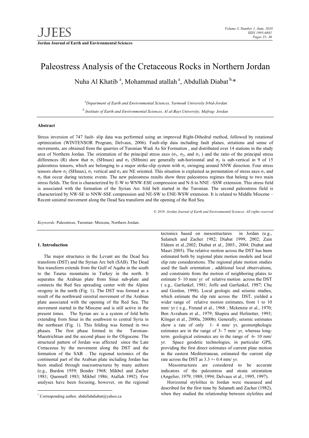 Paleostress Analysis of the Cretaceous Rocks in Northern Jordan