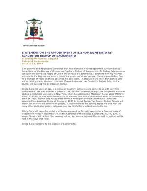 STATEMENT on the APPOINTMENT of BISHOP JAIME SOTO AS COADJUTOR BISHOP of SACRAMENTO by Bishop William K