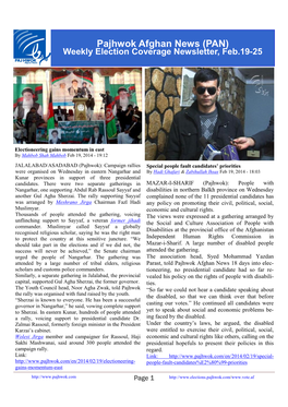 Pajhwok Afghan News (PAN) Weekly Election Coverage Newsletter, Feb.19-25