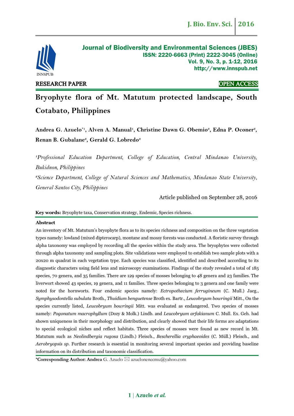 Bryophyte Flora of Mt. Matutum Protected Landscape, South Cotabato ...