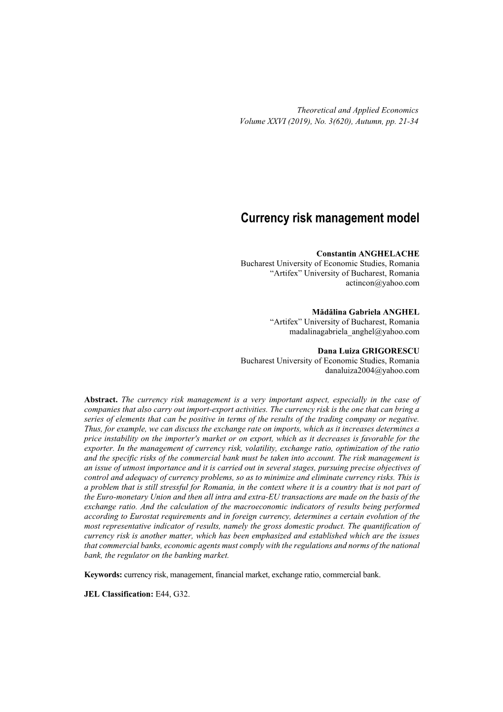 Currency Risk Management Model