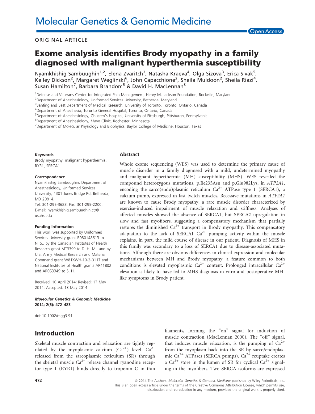 Exome Analysis Identifies Brody Myopathy in a Family Diagnosed