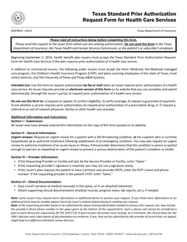 Texas Standard Prior Authorization Request Form for Health Care Services