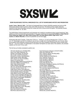 SXSW ONLINE MUSIC FESTIVAL ANNOUNCES FULL LIST of SHOWCASING ARTISTS and PRESENTERS Austin, Texas