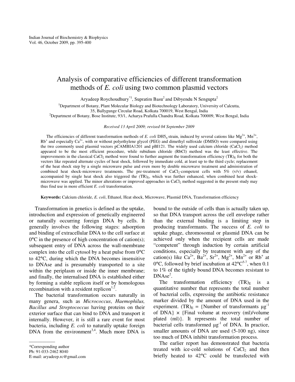 Analysis of Comparative Efficiencies of Different Transformation Methods of E