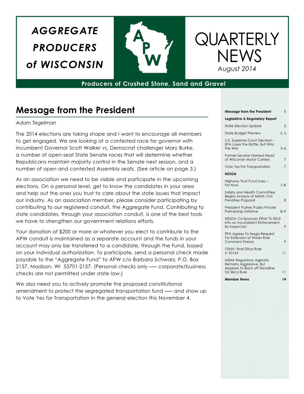 QUARTERLY NEWS of WISCONSIN August 2014