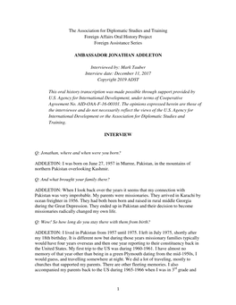 The Association for Diplomatic Studies and Training Foreign Affairs Oral History Project Foreign Assistance Series