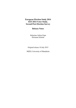 European Election Study 2014 EES 2014 Voter Study, Second Post-Election Survey