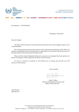 International Criminal Court Acknowledges Receipt of Your Documents/Letter