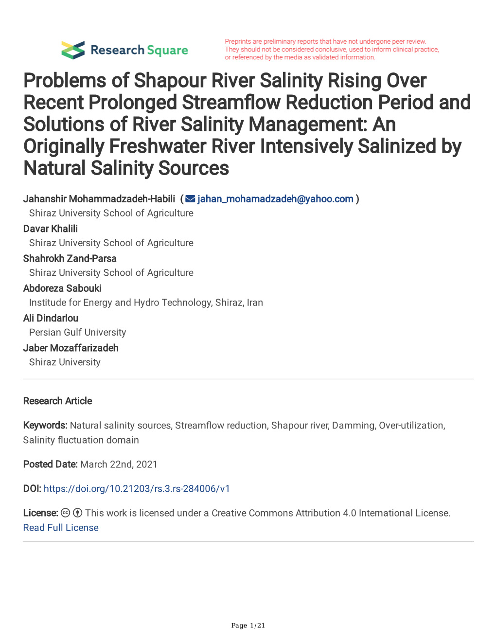 Problems of Shapour River Salinity Rising Over Recent Prolonged