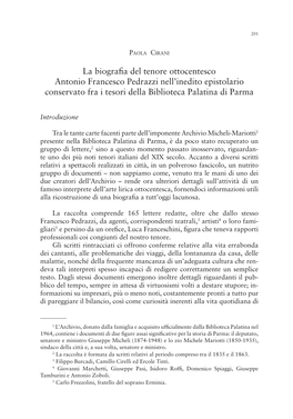 La Biografia Del Tenore Ottocentesco Antonio Francesco Pedrazzi Nell’Inedito Epistolario Conservato Fra I Tesori Della Biblioteca Palatina Di Parma