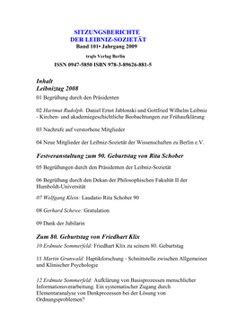 Sitzungsberichte Der Leibniz-Sozietät, Jahrgang 2009, Band