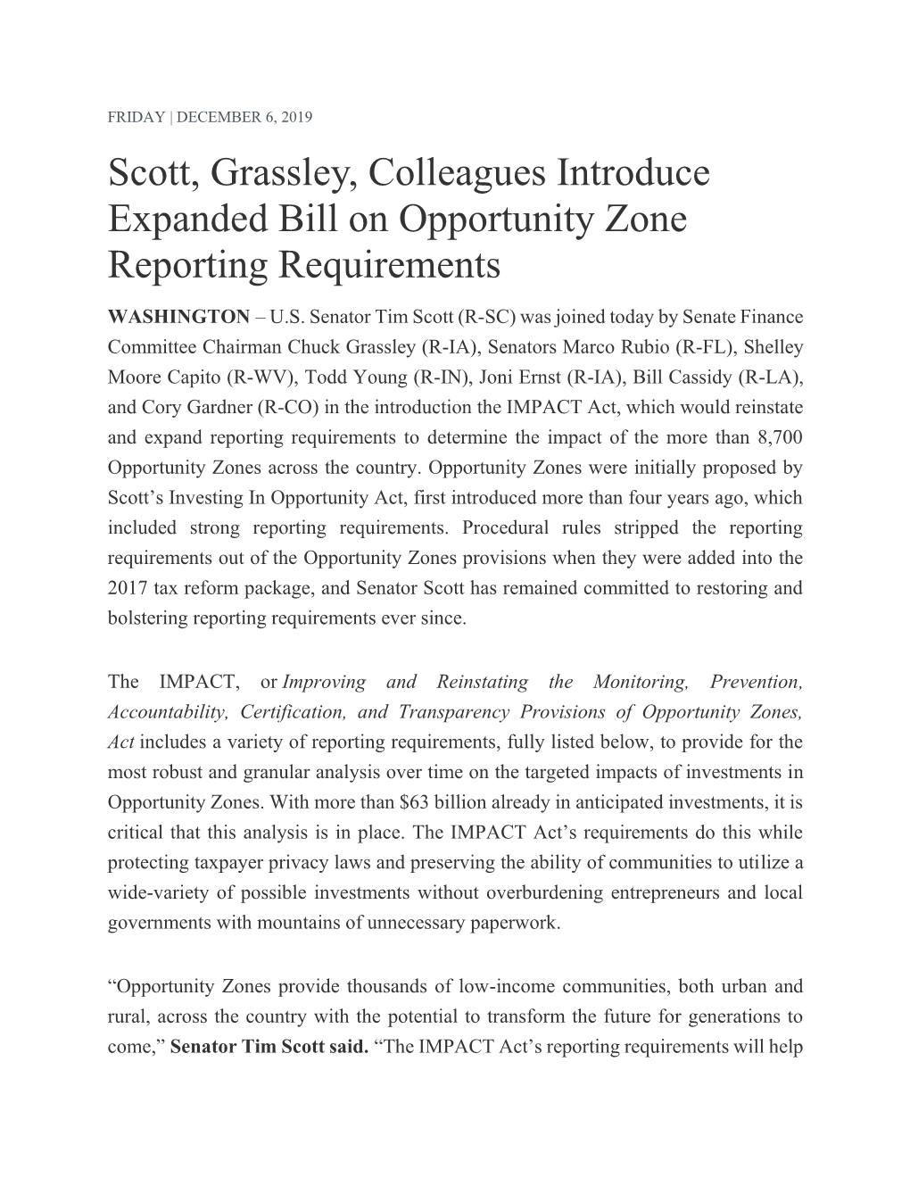 Scott, Grassley, Colleagues Introduce Expanded Bill on Opportunity Zone Reporting Requirements