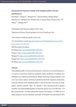 Chromosome-Level Genome Assembly of the Humpback Puffer, Tetraodon Palembangensis Rui Zhang1,†, Chang Li1,†, Mengjun