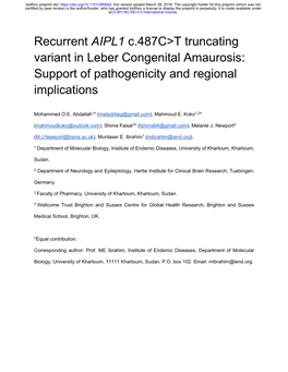Recurrent AIPL1 C.487C&gt;T Truncating Variant in Leber Congenital
