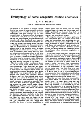 Embryology of Some Congenital Cardiac Anomalies