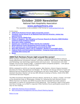 October 2009 Newsletter National Park Hospitality Association This Newsletter Is Also Available in PDF Format On