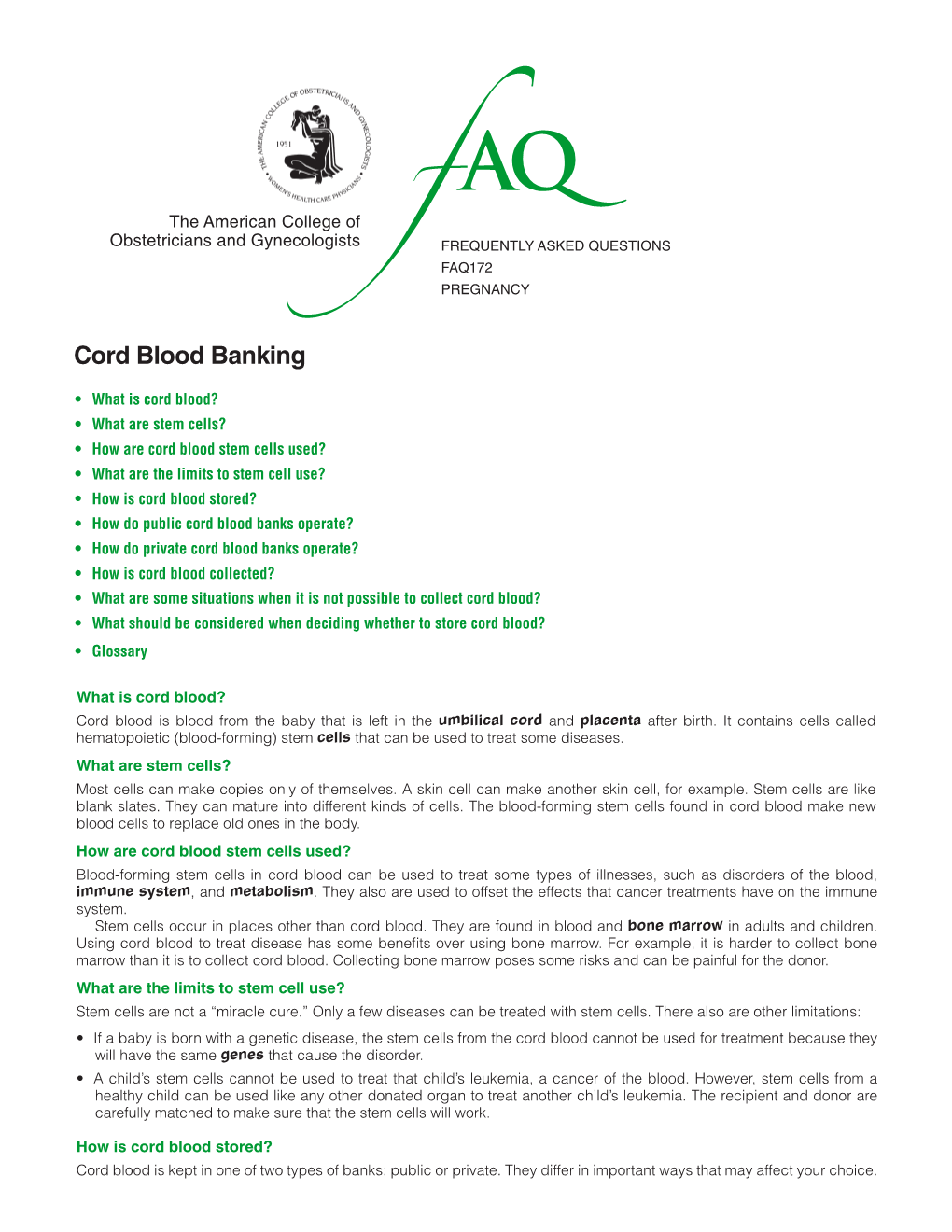 FAQ172 -- Cord Blood Banking