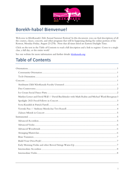 Borekh-Habo! Bienvenue! Table of Contents