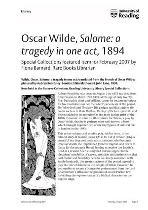 Oscar Wilde, Salome: a Tragedy in One Act, 1894 Special Collections Featured Item for February 2007 by Fiona Barnard, Rare Books Librarian