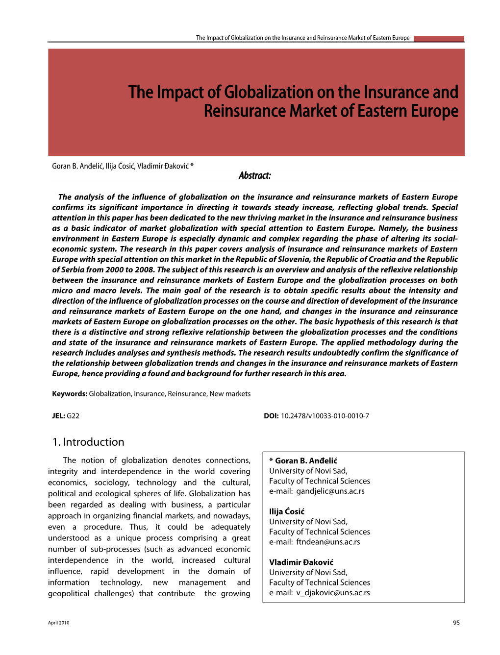 The Impact of Globalization on the Insurance and Reinsurance Market of Eastern Europe