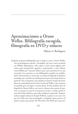 Aproximaciones a Orson Welles. Bibliografía Escogida, Filmografía En DVD Y Enlaces Hilario J