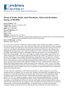 South Asian Merchants, Africa and the Indian Ocean, C1750-1850