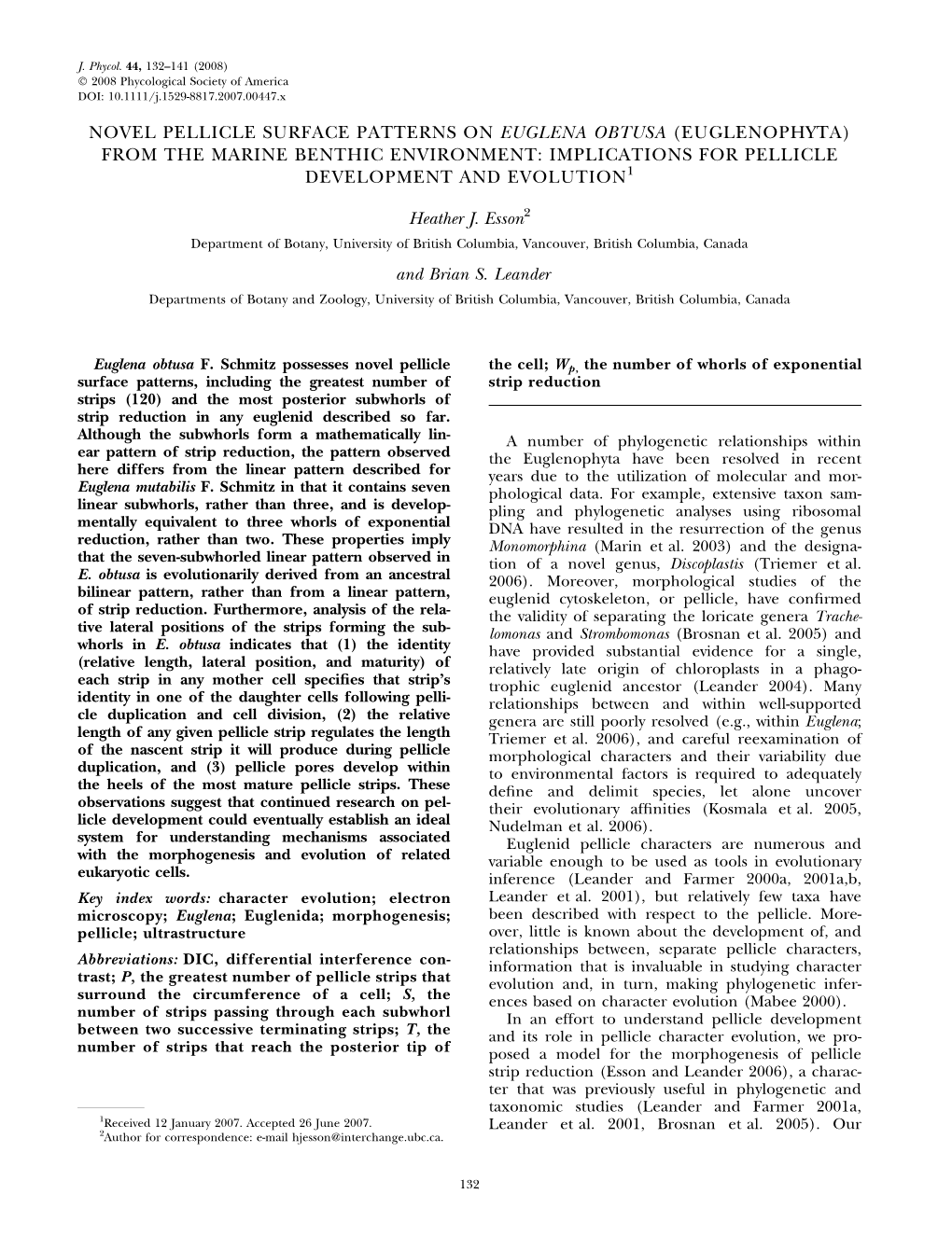 Novel Pellicle Surface Patterns on Euglena Obtusa (Euglenophyta) from the Marine Benthic Environment: Implications for Pellicle Development and Evolution1