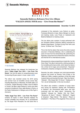 Sananda Maitreya Releases New Live Album “FALLEN ANGEL TOUR 2019 – ‘Live from the Ruins!’”