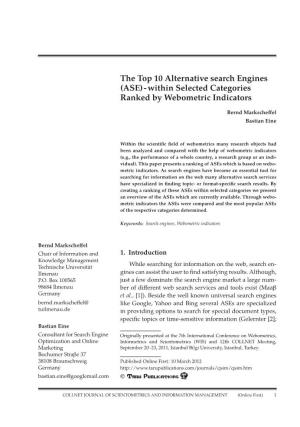 The Top 10 Alternative Search Engines (ASE) - Within Selected Categories Ranked by Webometric Indicators