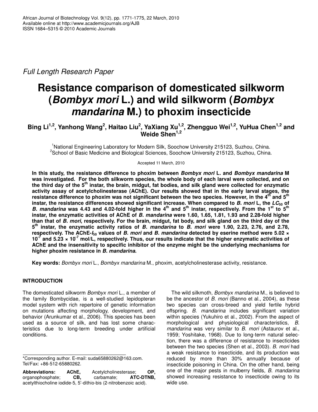 Bombyx Mori L.) and Wild Silkworm (Bombyx Mandarina M.) to Phoxim Insecticide