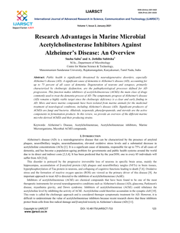 Research Advantages in Marine Microbial Acetylcholinesterase Inhibitors Against Alzheimer’S Disease: an Overview Sneha Sabu1 and A