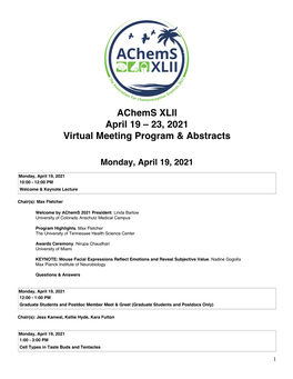 Achems XLII April 19 – 23, 2021 Virtual Meeting Program & Abstracts