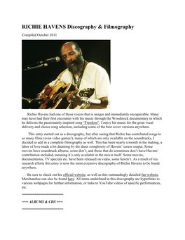 RICHIE HAVENS Discography & Filmography