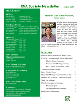 RNA Society Newsletter August 2013