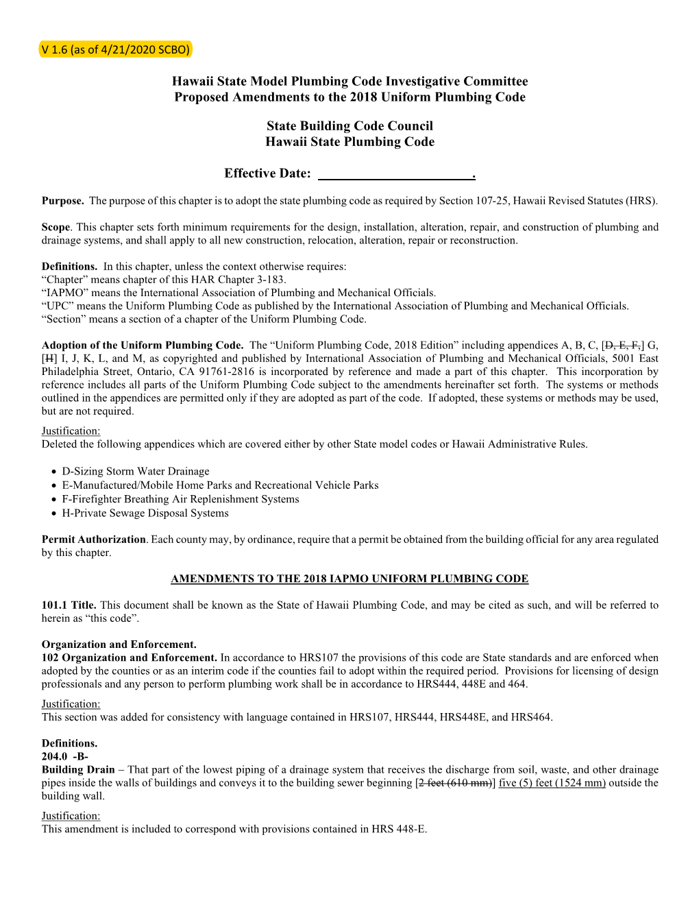 Hawaii State Model Plumbing Code Investigative Committee Proposed Amendments to the 2018 Uniform Plumbing Code