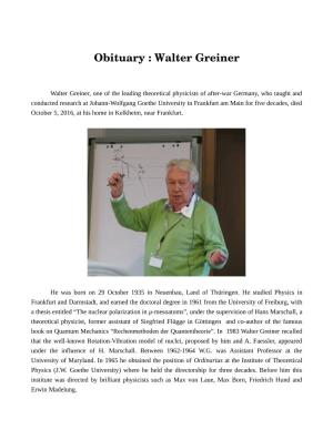 Obituary : Walter Greiner