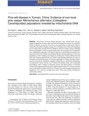 Pine Wilt Disease in Yunnan, China: Evidence of Non-Local Pine Sawyer Monochamus Alternatus (Coleoptera: Cerambycidae) Populations Revealed by Mitochondrial DNA