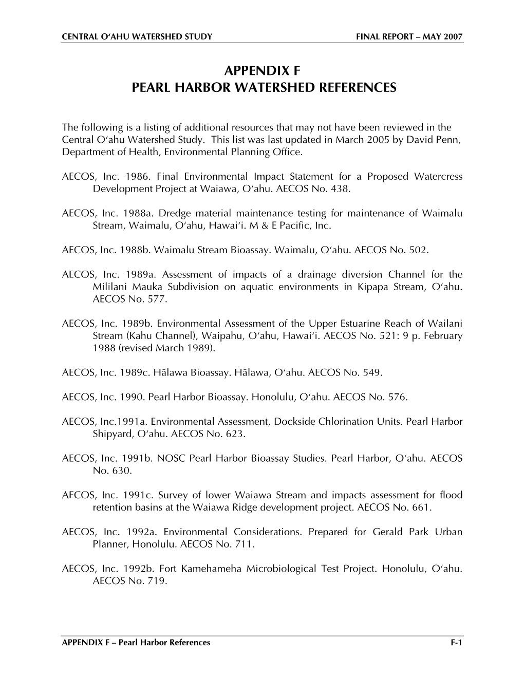 Central Oahu Watershed Study