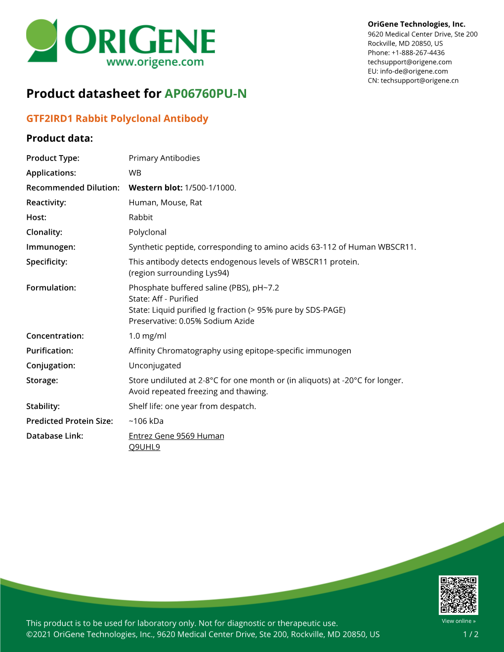 GTF2IRD1 Rabbit Polyclonal Antibody – AP06760PU-N | Origene